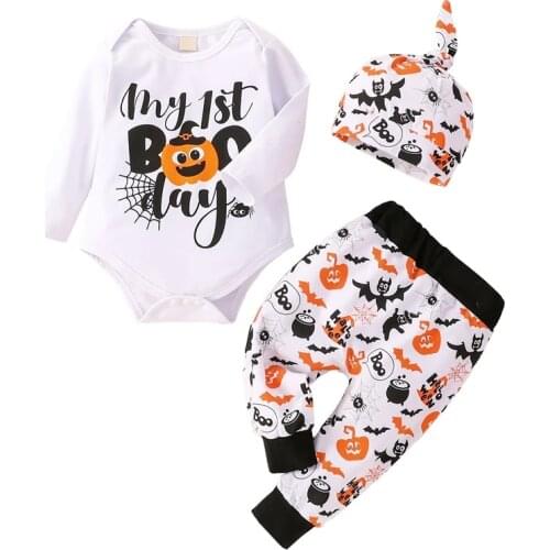 0-12M Infant Baby Boy Autumn 3Pcs Halloween Clothing Set Long Sleeve Letter Printed Romper Top Long Pants Hats