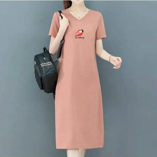 Strawberry Print Dress Summer Women V-neck Short Sleeve Midi T-shirt Dresses Pink Sweet Fashion Clothes Female Korean Vestidos