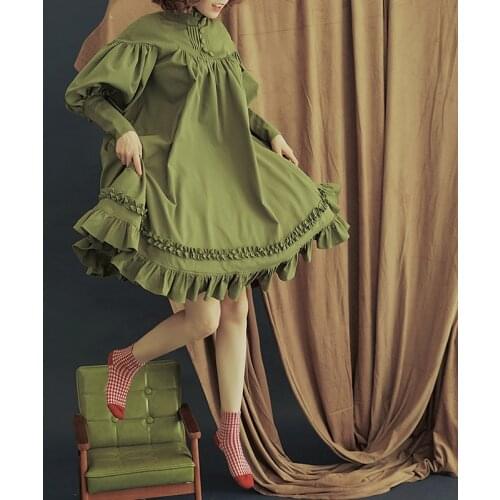 Umeko Long Sleeve Lolita Midi Dress Vintage Stand Collar High Waist Button Ruffle A-line Dress Cute 2019 Summer Cosplay Vestidos