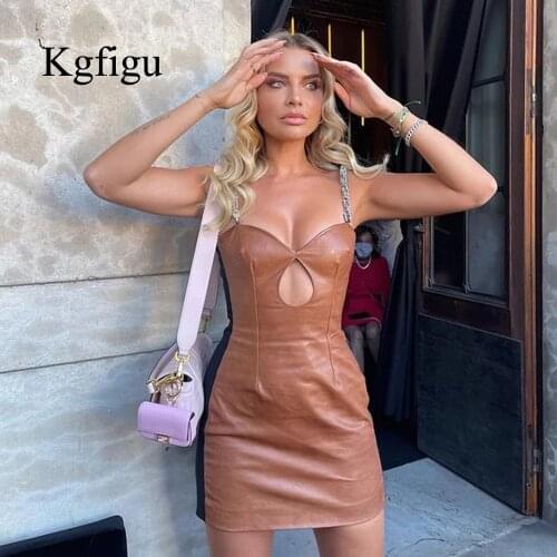 KGFIGU Good Quality Dresses For Women 2021 Summer Ladies Wrapped Chest Cutout Sexy Elegant Leather Skinny Dress