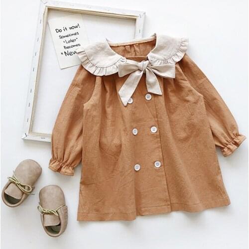 Mudkingdom Casual Girls Dress Solid Bow Peter Pan Collar Puff Sleeve Double Breasted Dresses for Toddler Drop Shoulder Clothing