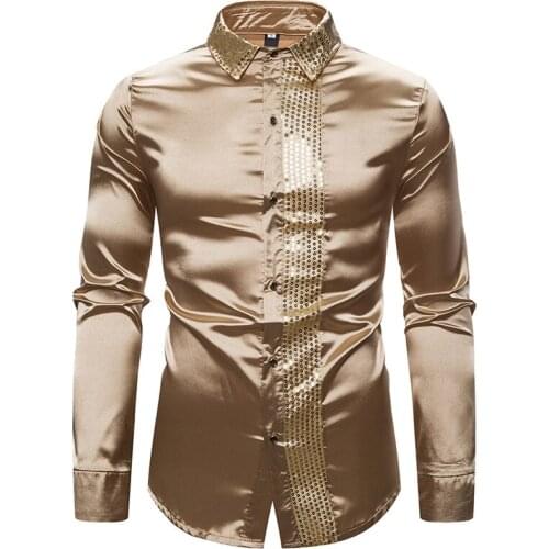 New Men Gold silver Shiny Sequin Slim Long Sleeve Shirt Night club stage performance Wedding Party casual Shirts Chemise Homme