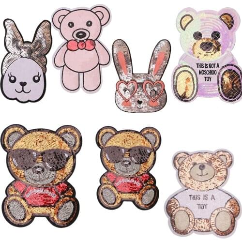 Sunglasses bear rabbit cartoon sequins icon Iron on Patches for Clothing DIY Stripes Clothes Patchwork Stickers Custom Badges