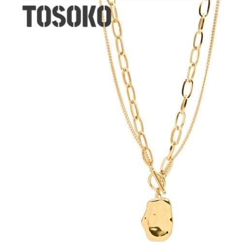 TOSOKO Stainless Steel Jewelry OT Button Geometric Pendant Necklace Thick Chain Punk Hip Hop Necklace For Women BSP597