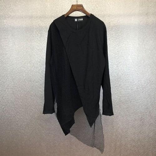 Spring personality irregular mesh stitching hem long-sleeved T-shirt Harajuku style fake two-piece side slit bottoming shirt t