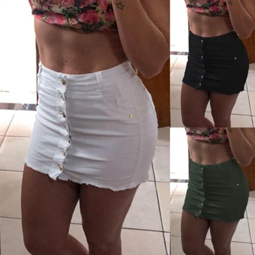 Womens Button Ripped Denim High Waist Bodycon Slim Flit Pencil Short Mini Skirt