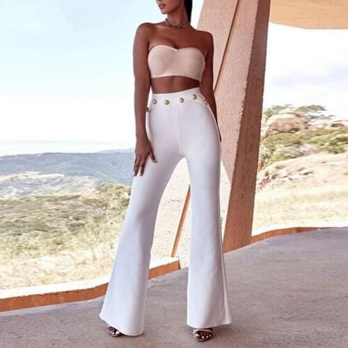 New Summer Bandage Pants Elegant Flare Button Pants Women Sexy Skinny Pant High Waist White Red Black Trousers Party Pants Long