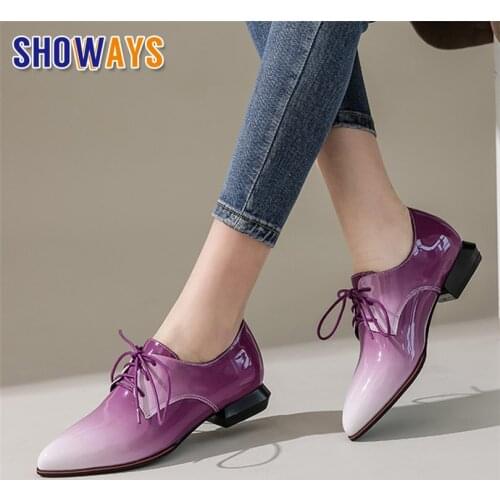 Big Size Women Derbies Gradient Red Purple Patent Leather Flats Casual Office Ladies Vintage Lace-up Pointed Toe Brogues Oxfords