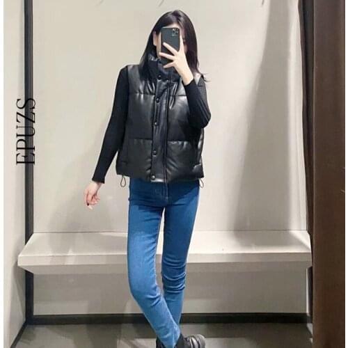 Women 2021 Fashion Leather Cotton Cropped Padded Waistcoat Vintage Sleeveless Female Outerwear Streetwear