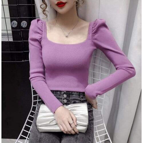 Casual Puffy Long Sleeve Knitted Top Women Sweet Square Collar Solid Color Knitted Sweater Top TN351