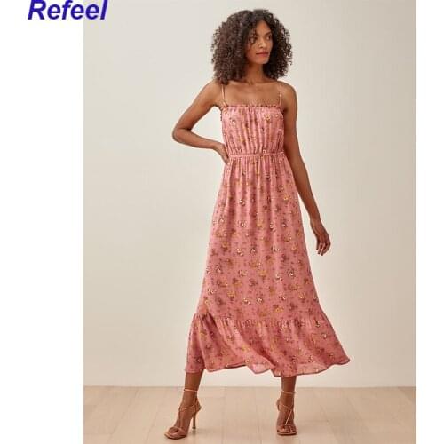 Sweet Floral Print Pink Sexy Sling Dress Women Elastic Waist With Belt Holiday Party Vestido Mujer Summer Chiffon Dress