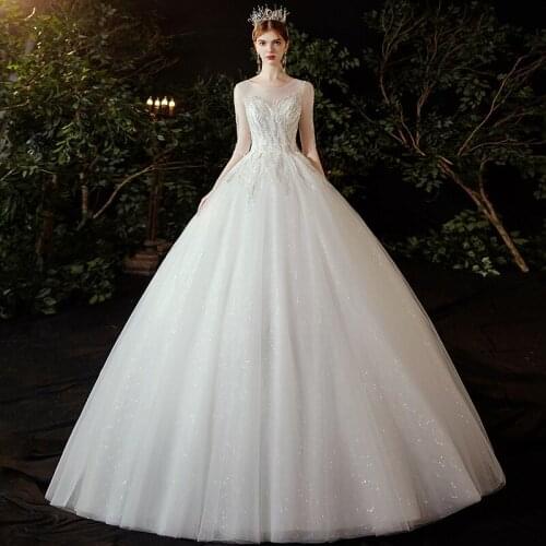 Fashion New Spring Korean Simple Plus Size Wedding Dress with Sleeves Family Super Star Shiny Lace For Bridal Vestidos De Novia