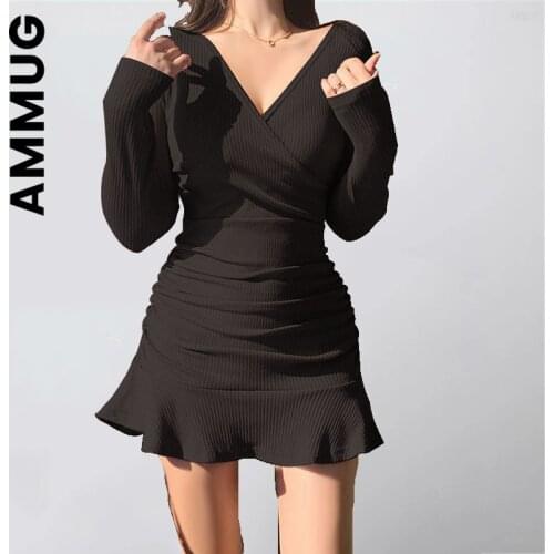 New Dress Women Knitted Mini Dress Fashion V Neck Womens Dresses Long Sleeve Dress For Women Clothing Vestidos Dresses Woman
