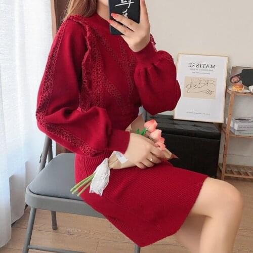 Elegant Sweater Dress Ladies Autumn Winter O neck Knitted Dress Women Casual Korean 2021 High Waist Red Black Vestidos