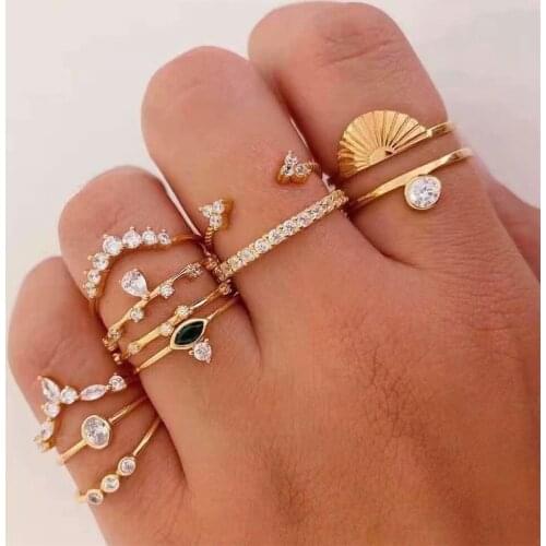 Vintage Fashion Golden Crystal Geometric Crown Fan Shape Set Ring For Women Trendy Personality Rings Boho Jewelry Party Gift
