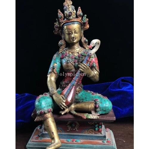 14'' Nepal tibet bronze gold inlay Turquoise coral green red gem Avalokitesvara