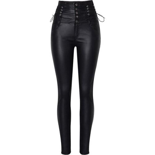 2021 Black High waist Bandage faux leather Pencil trousers women PU sexy bottoms pants
