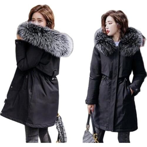 2020 New Warm Fur Lining Long Parka Winter Jacket Women Clothing Medium Long Plus Size 6XL Hooded Winter Coat Women