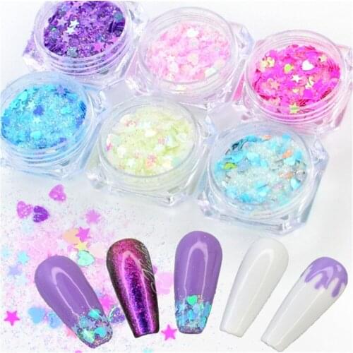 6pcs/set Star Heart Glitter Nail Flakes Sequins Mirror Powder Magic Paillette Shining Manicure Nail Art Polish Tips Decorations