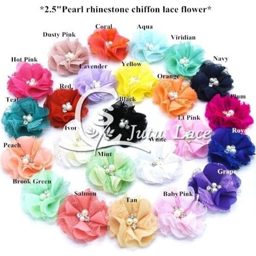 60 pcs/lot ,2.5'' lace flower with pearl rhinestone , chiffon lace flowers for hair fashion apparel accessories