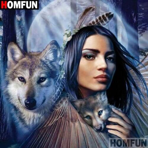 HOMFUN Diamond Painting Cross Stitch "Wolf beauty moon" 5D DIY Diamond Embroidery Full Square/round Rhinestone Of Picture A27156