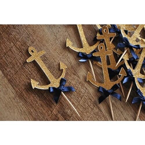 Glitter Anchor Cupcake Toppers birthday nautical sea Wedding Bridal Shower Engagement Party food picks