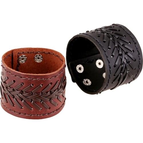 Boho Gypsy Hippie Punk Black Dark Red Genuine Cow Leather with Knot Wrap Braiding Charms Macrame Unisex Wide Big Bracelet Bangle