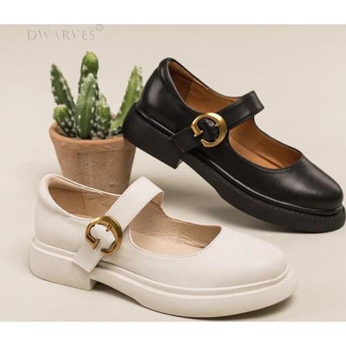 Handmade Leather Flat Mary Jane Shoes For Womens Round Toe White/Brown/Black
