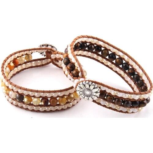 MOODPC Fashion Beautiful Energy Beaded Jewelry Handmade Beige Crystal Glass and Brown Stone Wrap Bracelets Bangles Drop Ship