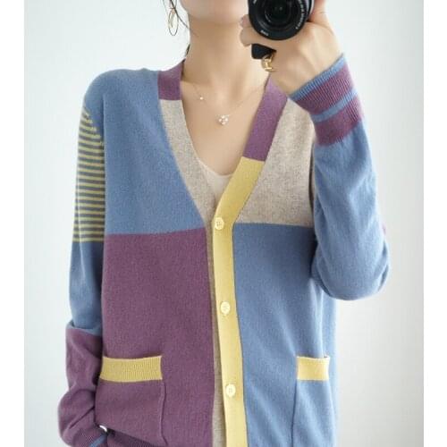 2020 new womens 100% wool color matching long-sleeved loose knit V-neck cardigan jacket casual