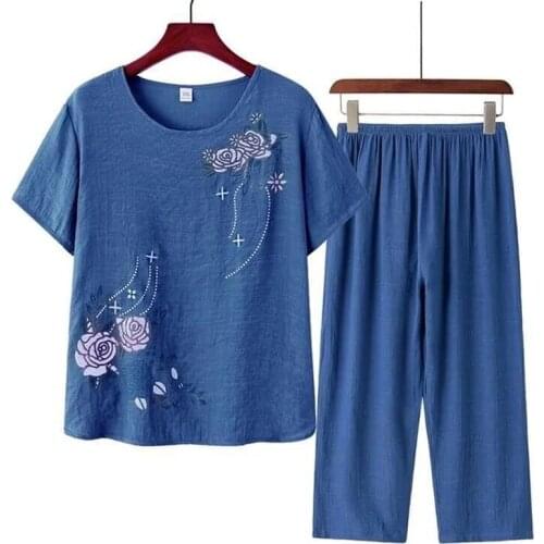 Middle Aged And Elderly Pajamas Womens Summer Suit Coat T-shirt Pants Two Piece Mothers Grandmothers Home Clothes Plus Size