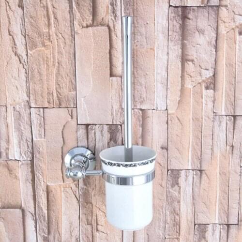 Polished Chrome Brass Wall Mounted Toilet Brush & Holder Set White Brush Ceramic Cup Bathroom Accessory aba794
