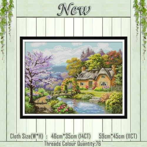 The riverside lodge scenery decor painting counted print on the canvas DMC 11CT 14CT kits Cross Stitch embroidery needlework Set