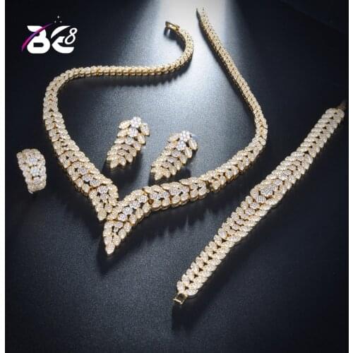 Be 8 Luxury Shinning Pave CZ Dubai Jewelry Sets 2018 Women Wedding Zirconia Leaf Design Copper 4pcs Jewelry Set bijoux femmeS137