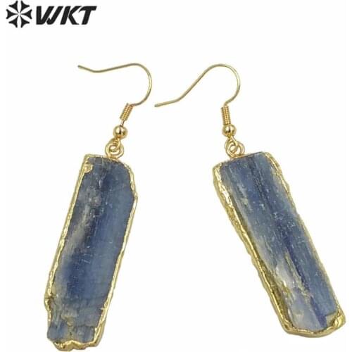 WKT Elegant fashion raw stone blue Kyanite earrings with 24k gold electroplated dangle earrings in free shopping