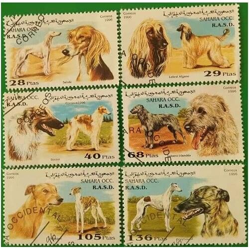 6 PCS,Sahara Post Stamp,1996,Dog Stamps,Animal Stamp,Stamp Collection,Used with Post Mark