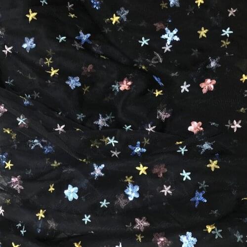 Colorful Sequined Stars Fabric - Black/Pink/Off White/Apricot Tulle Lace - Soft Gauze Fabric - 51" Wide By The Yard
