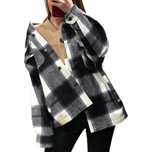 Women Jacket Checkered Oversized Plaid Jacket Coat Vintage Long Sleeve Pockets Female Outerwear Single Breasted Lapel Chic Tops