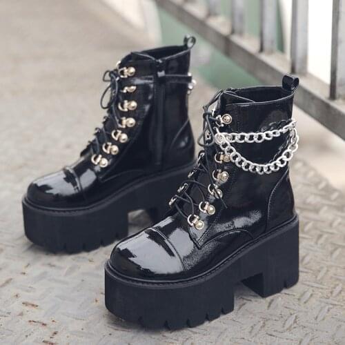 Women Gothic Ankle Boots Zip Punk Style Platform Shoes Goth Winter Lace-up Booties Chunky Heel Sexy Chain 2020