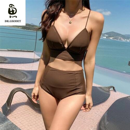 GSODET Sexy Swimsuit Ins Push-Up Bikini Set Women Cross Straps Coffee Solid Halter Bathing Suit Swimwear Beachwear Summer 2021
