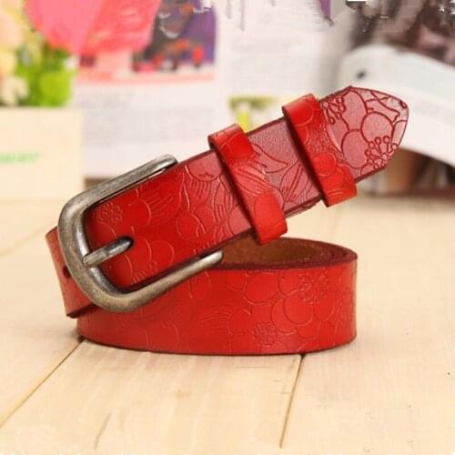 EL BARCO Flower Embossing Print Belt Women Faux Leather Red White Black Female Belts High Quality Green Blue Brown Belt Strap