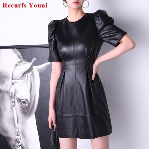 Women Genuine Leather Bodycon Dress Female 2021 New Fashion Puff Short Sleeve Fold Waist Midi Vestir Mujer Slim Sexy Robe