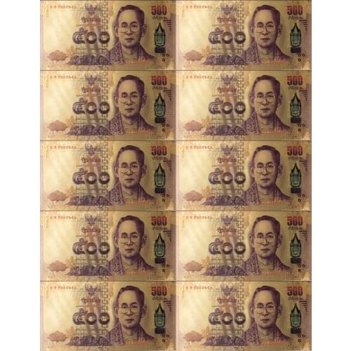 10pcs/lot Hot Sales Color Thailand Gold Banknote 500 Baht Banknote In 24k Gold Plated Paper Money for Collection