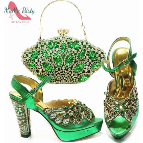 2021 Fashionable Sexy Lady Super High Heels Nigerian Women Shoes and Bag Set in Green Color wih Platform for Evening Dress