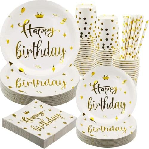 Crown White Birthday Plates Napkins Disposable Tableware Supplies Paper Cup Straws Dinnerware Anniversary Decoration Sets
