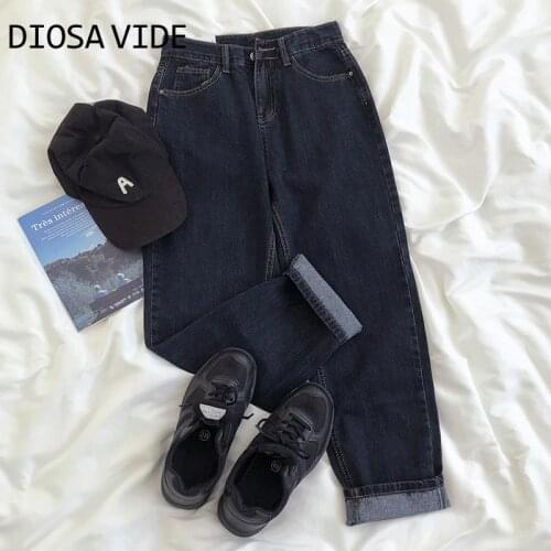DIOSA VIDE classic retro distressed washed high waist straight tube curling solid color wild wide leg slimming denim trousers