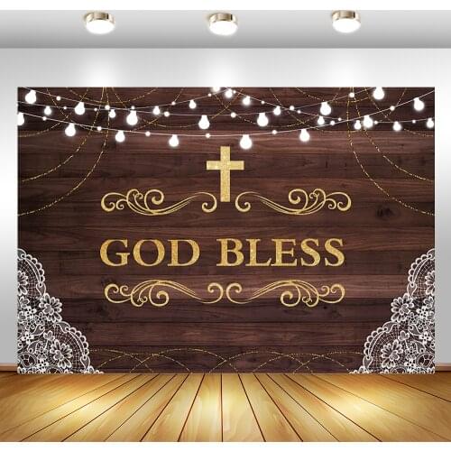 MOCSICKA God Bless Backdrop Rustic Wood Baby Shower Background First Communion White Flowers Photo Background Banner Supplies
