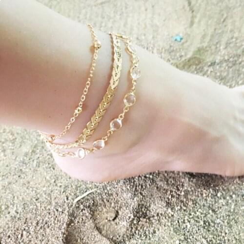 INKDEW Fashion 3Pcs/Set Crystal Golden Anklet Set Vintage Handmade Ankle Bracelet for Women Party Summer Beach Accessories