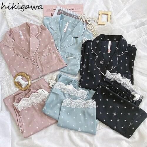 Hikigawa Two Piece Set Summer Pajamas De Mujer New Ice Silk Nightwear Long Sleeve Trousers Suit Female 2021 Pijamas Set Women