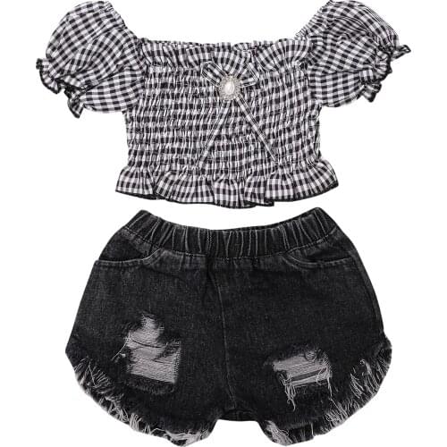 Baby Girls Clothes Sets Short Sleeve Off Shoulder Plaid T-Shirts Tops Denim Shorts 2pcs For 2-9Y Summer Toddler Fashion Clothes